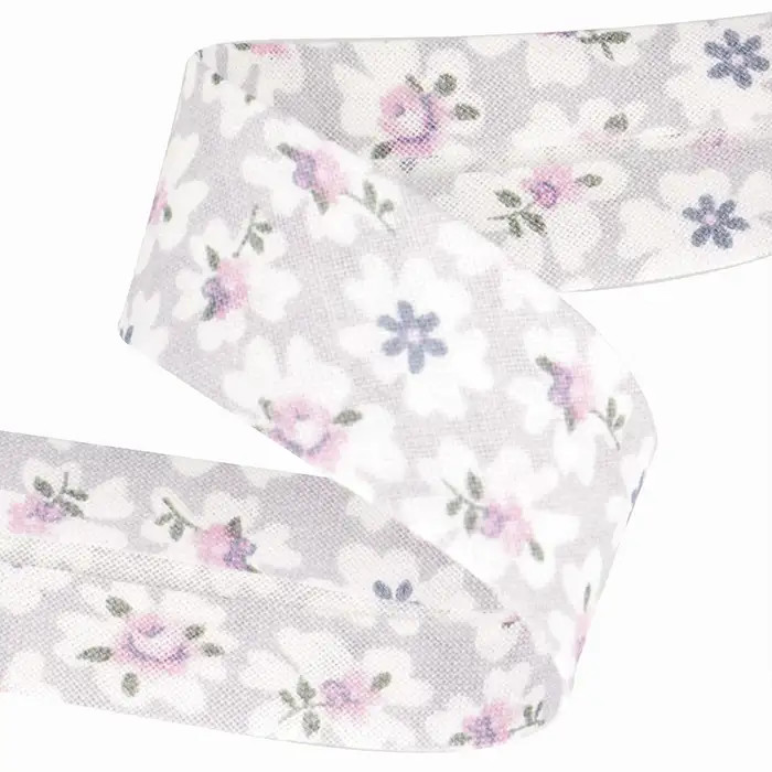Biais fleurs gris clair fleurs blanches et roses 20mm /m Biais fleurs gris clair fleurs blanches et roses 20mm /m