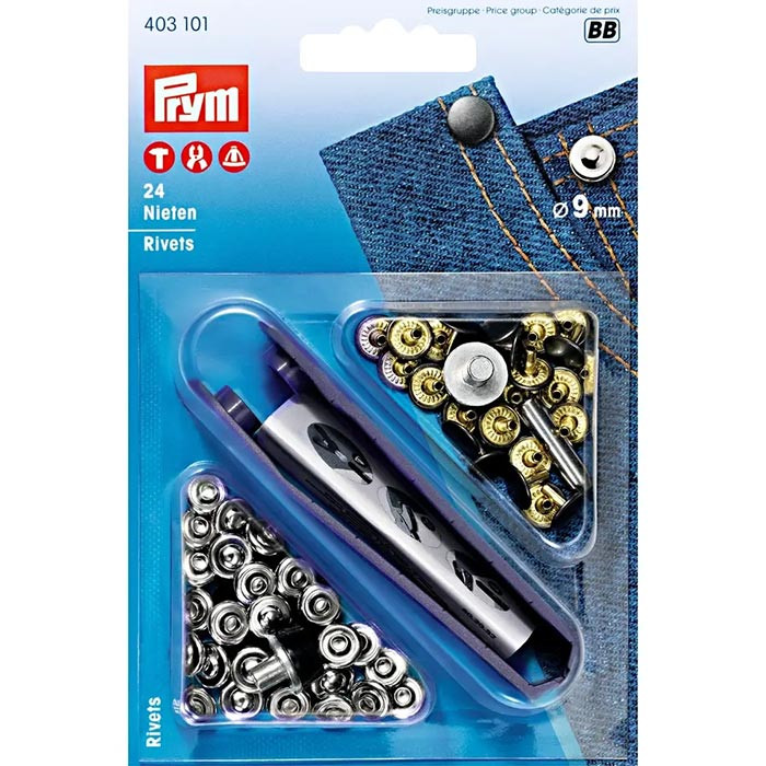 Boîte de 24 rivets 9mm avec outil Prym - Argent et Noir Boîte de 24 rivets 9mm avec outil Prym - Argent et Noir